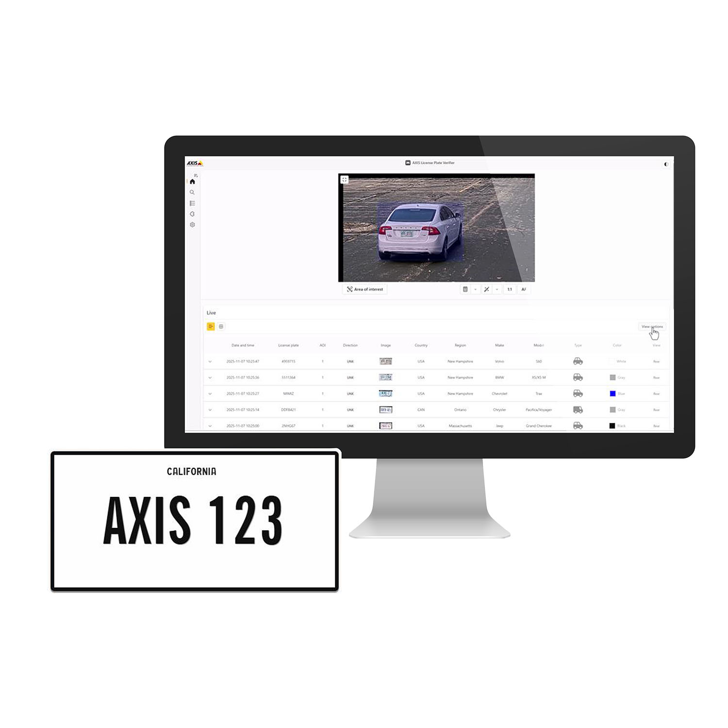 Screen capture of the AXIS License Plate Verifier application software operation showing and image and data.