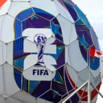 The Science World building in FIFA World Cup 2026 colors in Vancouver, BC, Canada.